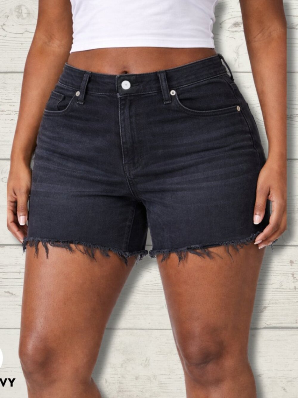 Old Navy High-Rise Black Denim Shorts – Size 10 – Button Fly – Frayed Hem
